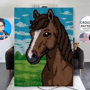 Paardendekenpatroon C2C | Graphghan Plaid Corner to Corner | Pixel Art Rijdend Patroon | Dierenraster | Modern Afghaans Ontwerp