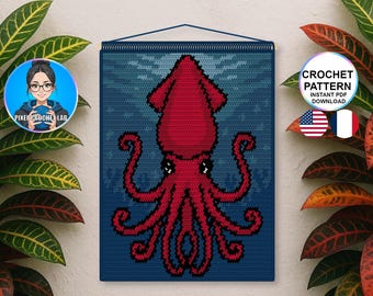 Patrón de tapiz de calamar gigante a crochet, motivo de animal marino para colgar en la pared, patrón de imagen a crochet, cuadrícula de patrón de calamar