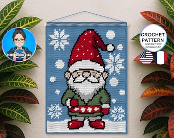 May include: A crocheted wall hanging featuring a gnome design with a red hat, green jacket, and white beard, set against a blue background with snowflakes. The image includes the text "CROCHET PATTERN INSTANT PDF DOWNLOAD".