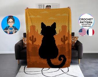Silueta de gato negro en un cañón, patrón de manta de ganchillo C2C, motivo del desierto afgano, patrón gráfico, diseño animal de esquina a esquina
