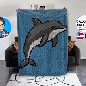 Dolphin C2C crochet blanket pattern, marin animal Afghan design, ocean depth graphghan . Corner to corner graph. Pixel art room decor