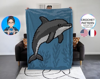 Patrón de manta de ganchillo con diseño de delfines C2C, motivo de animales marinos afganos, manta gráfica de océano profundo. Diagrama de patrón de esquina a esquina.