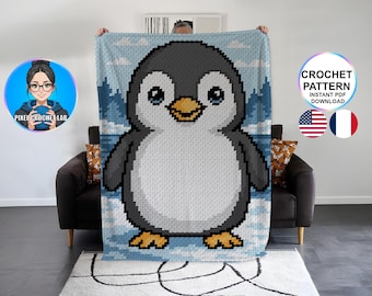 Patrón de manta de crochet Pingüino Pequeño (C2C), motivo animal afgano, diseño Graphghan para bebé o niño. Gráfico de pingüino, patrón de esquina a esquina.