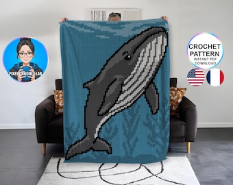 Patrón de manta de ganchillo con ballena azul (C2C), motivo de animales marinos afganos, manta gráfica de océano profundo. Diagrama de patrón de esquina a esquina.