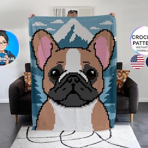 Bouledogue français Patron couverture C2C au crochet, motif afghan frenchie chien, graphghan pattern, modèle, corner to corner graph moderne