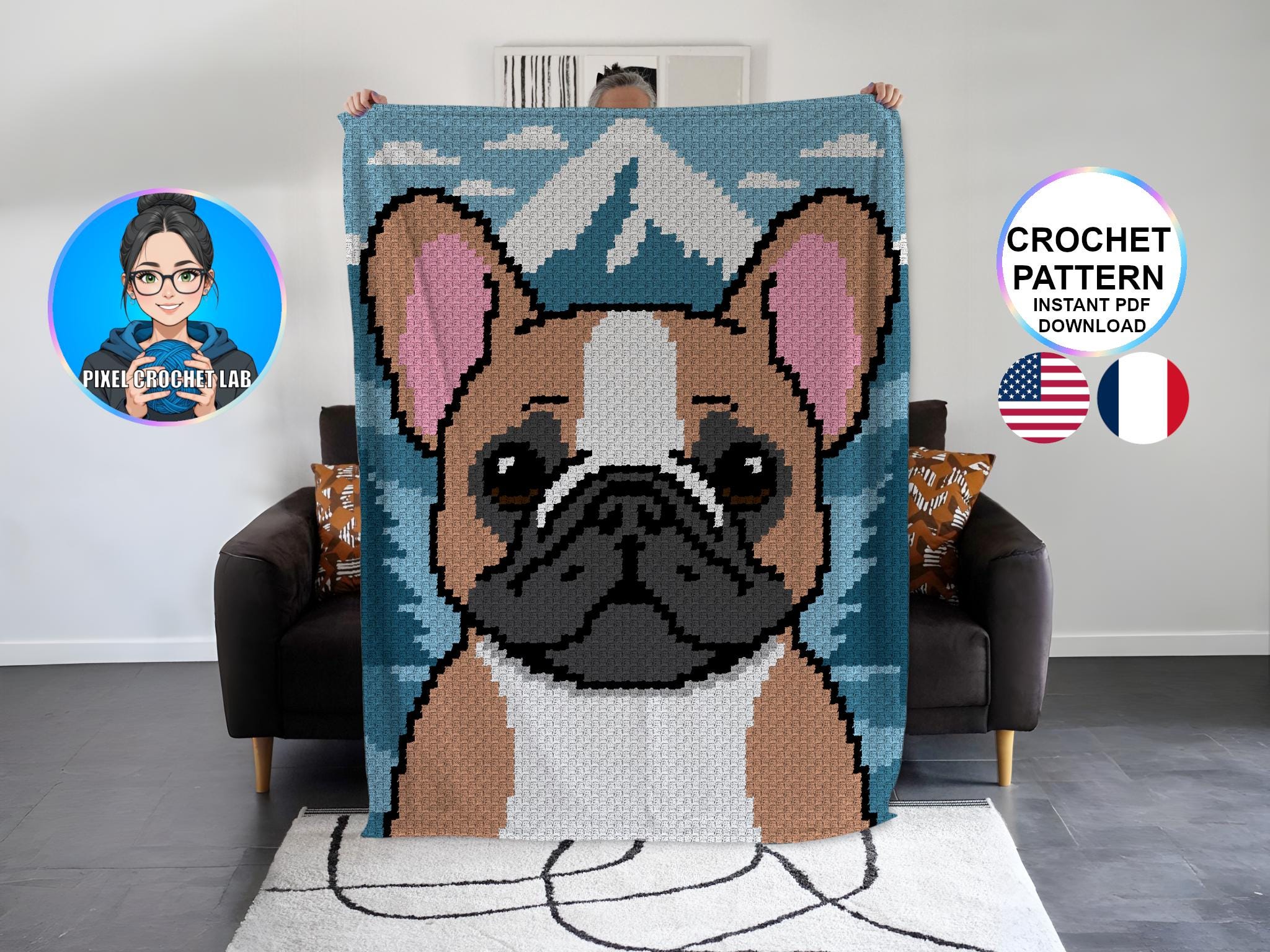 38 French Bulldog Crochet Patterns for Adorable Amigurumi Dogs 34 French bulldog C2C blanket crochet