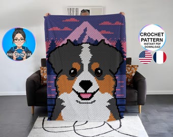 Patrón de manta de crochet de pastor americano en miniatura C2C, motivo de perro afgano, patrón gráfico, diseño, esquina a esquina, mini Aussie