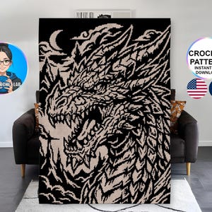 May include: A crochet pattern for a blanket featuring a large, detailed dragon head in profile. The design uses a high-contrast black and beige color scheme, depicting the dragon with sharp scales, an open mouth, and clouds.