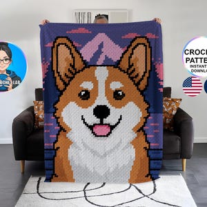 Welsh corgi patron couverture C2C au crochet, motif afghan animal chien, graphghan pattern, modèle, corner to corner graph moderne, pdf