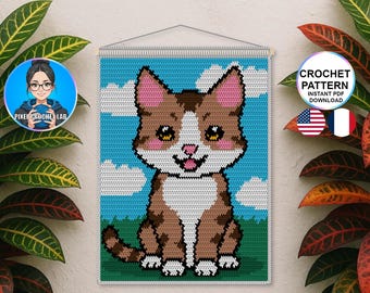 Brown Tabby cat tapestry crochet pattern, cute kitty wall hanging design, crochet wall art decoration, pet room decor, animal design