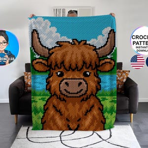 May include: A pixelated crochet blanket featuring a Highland cow design. The blanket showcases a brown cow with large horns against a blue sky and green landscape. The text "CROCHET PATTERN INSTANT PDF DOWNLOAD" is visible.