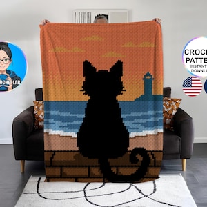 May include: A pixelated cat silhouette blanket with a sunset scene, a lighthouse, and ocean waves. The blanket has the text "CROCHET PATTERN INSTANT PDF DOWNLOAD" and the American and French flags.