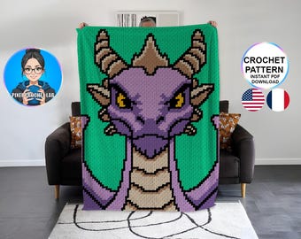 Medieval dragon C2C blanket crochet pattern, heroic fantasy afghan pattern, animal graphghan corner to corner, plaid gift idea, room decor