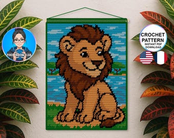 Patrón de tapiz de ganchillo de cachorro de león de la sabana | Diseño de tapiz de pared de león africano bebé | Patrón de imagen de ganchillo | Patrón de cuadrícula de pixel art en PDF