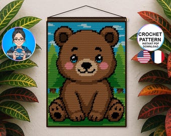 Patrón de tapiz de osito marrón a crochet, ideal para colgar en la pared de tu bebé o niño. Patrón de imagen de osito de crochet, con patrón de cuadrícula.