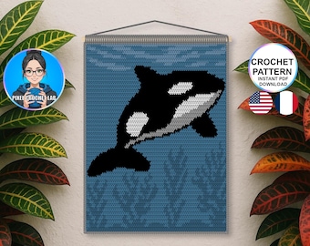 Patrón de ganchillo para tapiz de orca | Diseño de ballena marina para colgar en la pared | Patrón de ganchillo con imagen | Decoración náutica marina, cuadrícula de pixel art en PDF