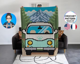 Patrón de manta para furgoneta C2C de crochet con bosque y montaña, patrón afgano para acampar en la naturaleza, patrón graphghan, modelo de aventura, paisaje de viaje por carretera