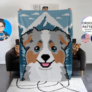 Berger australien patron couverture C2C au crochet, motif afghan animal chien, graphghan pattern, modèle, corner to corner graph aussie, pdf