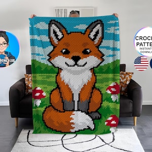 May include: A pixelated fox blanket with a blue sky and green grass background. The blanket features a smiling orange fox with white and black accents, and red and white mushrooms. The text "CROCHET PATTERN INSTANT PDF DOWNLOAD" is also visible.