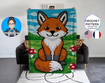 Patrón de manta de ganchillo de zorro rojo C2C, con motivo animal afgano, gráfico para bebé, niña y niño. Gráfico de patrón de esquina a esquina.