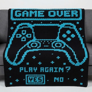 Patrón de manta de ganchillo con forma de mando de videojuegos C2C | Manta de ganchillo de esquina a esquina | Diseño de videojuegos en pixel art | Manta Game Over | Patrón afgano