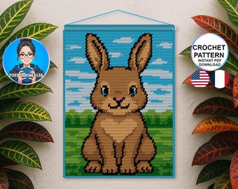 Häkelanleitung für einen Wandteppich mit Hasenmotiv | Oster-Waldtier-Wandbehang | Häkelbild-Vorlage | Kindermuster (Pixel-Art-Raster, PDF)
