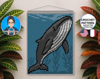 Patrón de tapiz de ballena azul a crochet, motivo de animal marino para colgar en la pared, diseño de cuadro a crochet, patrón de cuadrícula