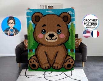 Patrón de manta de oso de ganchillo C2C | Oso de peluche Graphghan a cuadros de esquina a esquina | Patrón de pixel art de bosque | Cuadrícula de animales | Motivo para bebé/niño