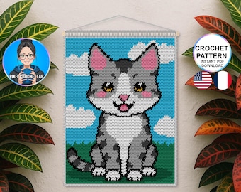 Grey Tabby cat tapestry crochet pattern, cute kitty wall hanging design, crochet wall art decoration, pet room decor, animal design