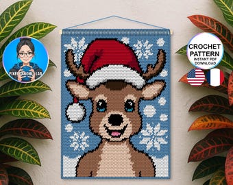 Patrón de tapiz de reno navideño de crochet, patrón para colgar en la pared de Navidad, cuadro de copo de nieve de crochet, patrón de tapiz de invierno, decoración navideña
