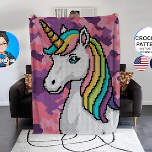 May include: A pixelated unicorn blanket with a rainbow mane and horn, set against a pink and purple background. The blanket features the text "CROCHET PATTERN INSTANT PDF DOWNLOAD" and the American and French flags.