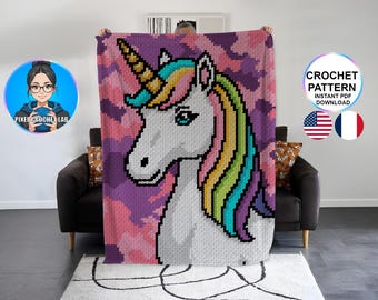 Patrón de manta de crochet Caballo Unicornio Arcoíris C2C, diseño afgano, patrón Graphghan para niños y niñas. Gráfico de esquina a esquina.