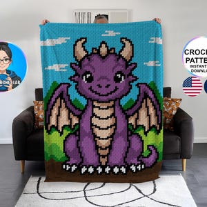 May include: A large, pixelated crochet blanket featuring a friendly purple dragon with tan wings, set against a blue sky with white clouds and green hills. The blanket has the text "CROCHET PATTERN INSTANT PDF DOWNLOAD" and the American and French flags.