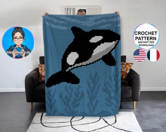 Patrón de manta de ganchillo Orca C2C | Manta gráfica de ballena a cuadros de esquina a esquina | Patrón de pixel art oceánico | Cuadrícula de animales marinos | Patrón de cuadros
