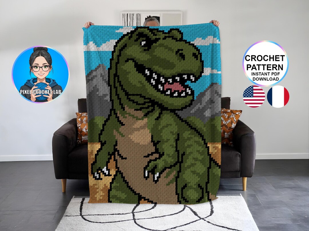 T-rex C2C Crochet Blanket Pattern, Dinosaur Afghan Design ...