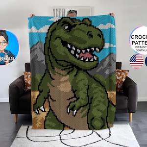 May include: A large, pixelated green Tyrannosaurus Rex design on a blue and white sky background. The crochet blanket features a detailed dinosaur with an open mouth, set against a landscape with mountains. The text "CROCHET PATTERN INSTANT PDF DOWNLOAD" is visible.