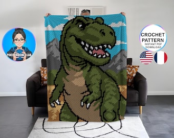 Patrón de manta de crochet T-Rex C2C, motivo de dinosaurio afgano, gráfico de Tyrannosaurus Rex. Gráfico de T-Rex, patrón de esquina a esquina para niños.