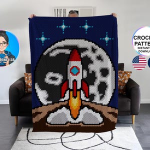 May include: A crochet pattern for a blanket featuring a pixelated rocket launching from the moon. The pattern is available for instant download in PDF format.