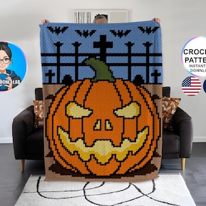 Halloween Kürbis Laterne C2C Häkeldecke Muster, Herbst Afghan Muster, Graphgan Muster, Jack O&#39; Laterne Muster, Kariertes Muster