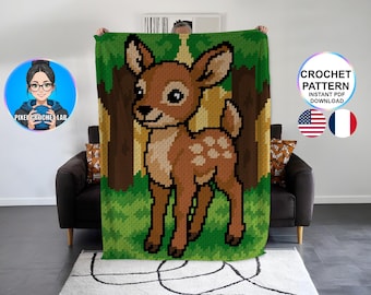 Patrón de manta de ganchillo de ciervo C2C | Manta a cuadros de ciervo de esquina a esquina | Patrón de pixel art de bosque | Cuadrícula de animales, motivo de cervatillo bebé afgano