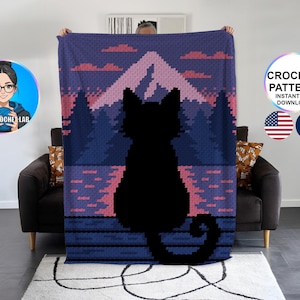 May include: A crochet blanket featuring a black cat silhouette against a landscape of mountains, trees, and a lake. The design uses shades of blue, pink, and purple. The blanket has the text "CROCHET PATTERN INSTANT PDF DOWNLOAD".