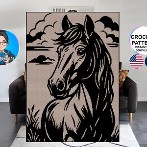 May include: A crochet pattern featuring a black and beige graphic illustration of a horse head in profile. The design includes a stylised sky with clouds and grass at the bottom. Text on the image includes PIXEL CROCHET LAB and CROCHET PATTERN INSTANT PDF DOWNLOAD.