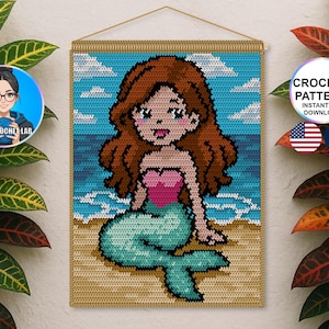 May include: Crocheted wall hanging featuring a mermaid with brown hair, a pink top, and a teal tail, sitting on a sandy beach with a blue ocean and white clouds. The text "CROCHET PATTERN INSTANT PDF DOWNLOAD" is displayed.