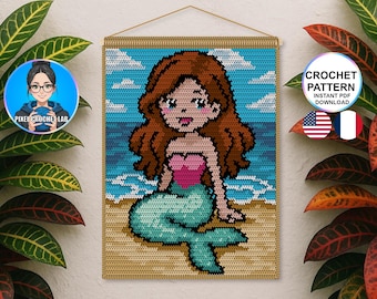 Patrón de crochet para tapiz de La Sirenita, diseño para colgar en la pared con paisaje de playa o marino, patrón de imagen de crochet, patrón de cuadrícula