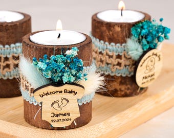 Baby Shower Favors, Wooden Tealight Holders, Personalized Candle Holder Favors, Baptism Favors, Baby in Bloom, Blue Baby Shower, Baby Girl,