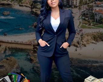 Puede incluir: Imagen de una mujer con un traje azul marino con el texto "BUSINESS CREDIT BLUEPRINT" y "Everything You Need to Build Strong Business Credit Fast." La imagen también incluye tarjetas de crédito y dinero, con el texto "Build Business Credit Without Using Your SSN."