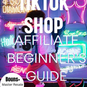 May include: A person in a red shirt and jeans dances in front of a neon sign that says "TikTok Shop Affiliate Beginner's Guide". The sign is surrounded by other neon signs with text like "4 Gold Diamonds", "Cantina", "Hollywood", and "Appreciation".