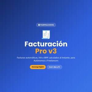 Puede incluir: Una plantilla digital de Excel para facturación titulada Facturación Pro v3, con un icono de recibo blanco, fondo azul degradado y botones etiquetados como Descarga Digital y Excel - Mac y PC, con texto sobre cálculos automáticos.