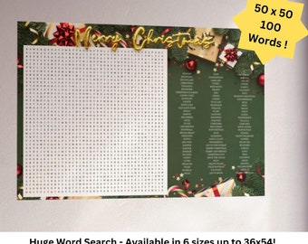 Op de afbeelding: Een groene en gouden kerstwoordzoekpuzzel met 100 woorden om te vinden. De puzzel is 50 vierkanten breed en 50 vierkanten hoog. De woorden staan ​​op de rechterkant van de puzzel. De puzzel is omgeven door een feestelijke kerstgrens.