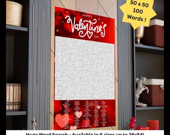 Op de afbeelding: Een rode en witte Valentijnsdag-woordzoeker met 100 woorden om te vinden. De puzzel is 50 vierkanten bij 50 vierkanten. De woorden staan ​​onder de puzzel. De puzzel is verkrijgbaar in 6 maten tot 36x54 inch.